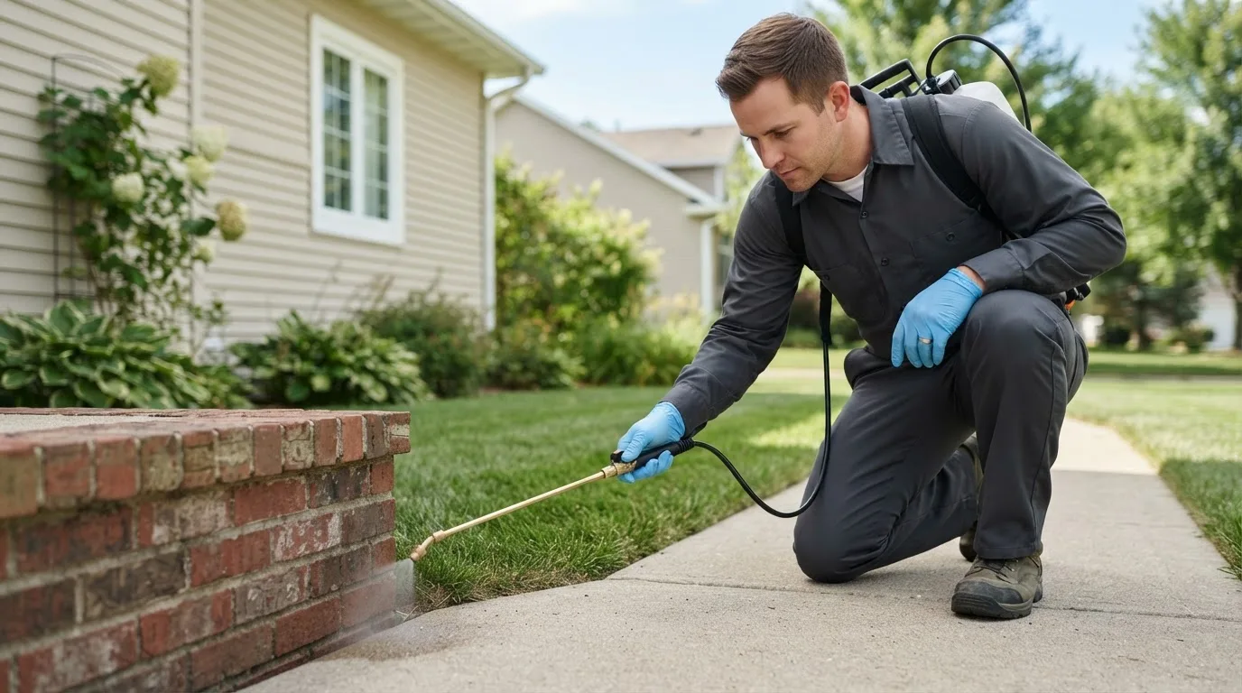 Pest control technician treating a home near Cairo, OH